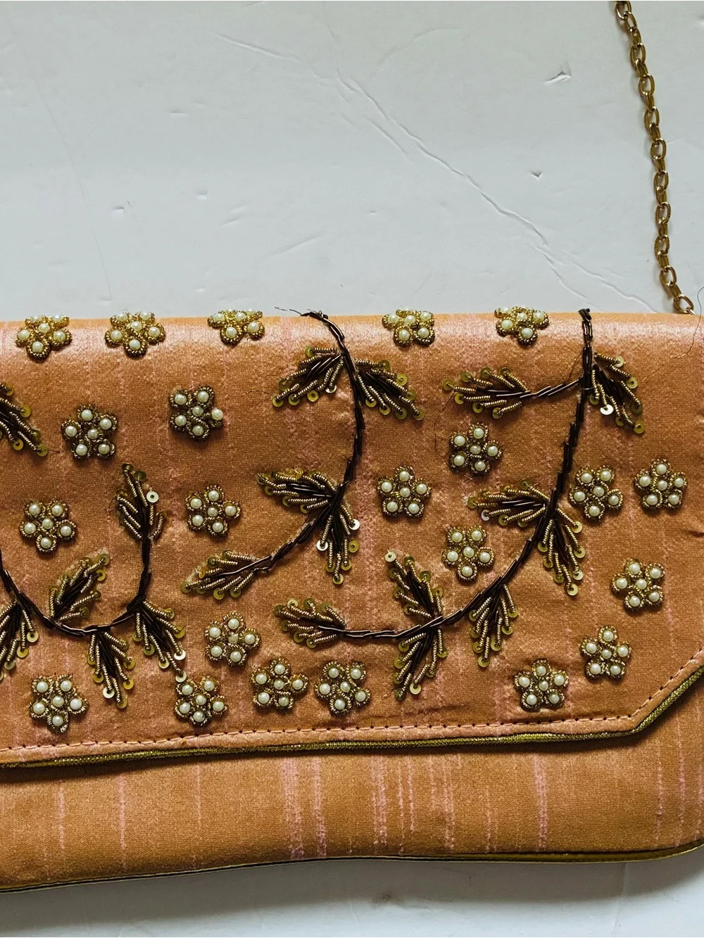 Embroidered Floral Satin Crossbody Clutch - Peach